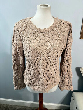 Everyday Chic Crochet Openwork Sweater Size Small/ Medium in Beige